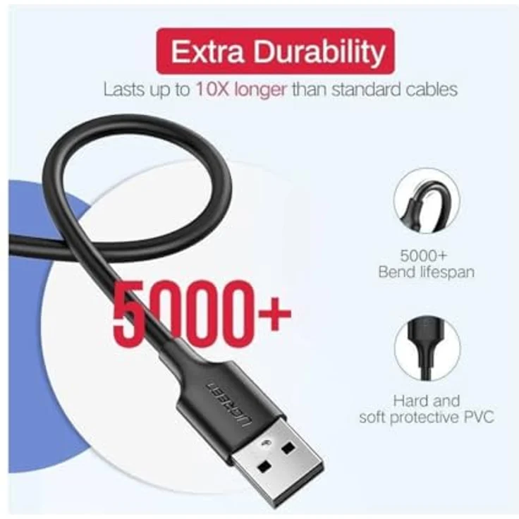 Ugreen USB 3.0 - Micro USB 2.4A Cable 2m Black - Hochwertiges USB-Kabel mit PU-Kupfer, nickelierten Anschlüssen – Bild 2
