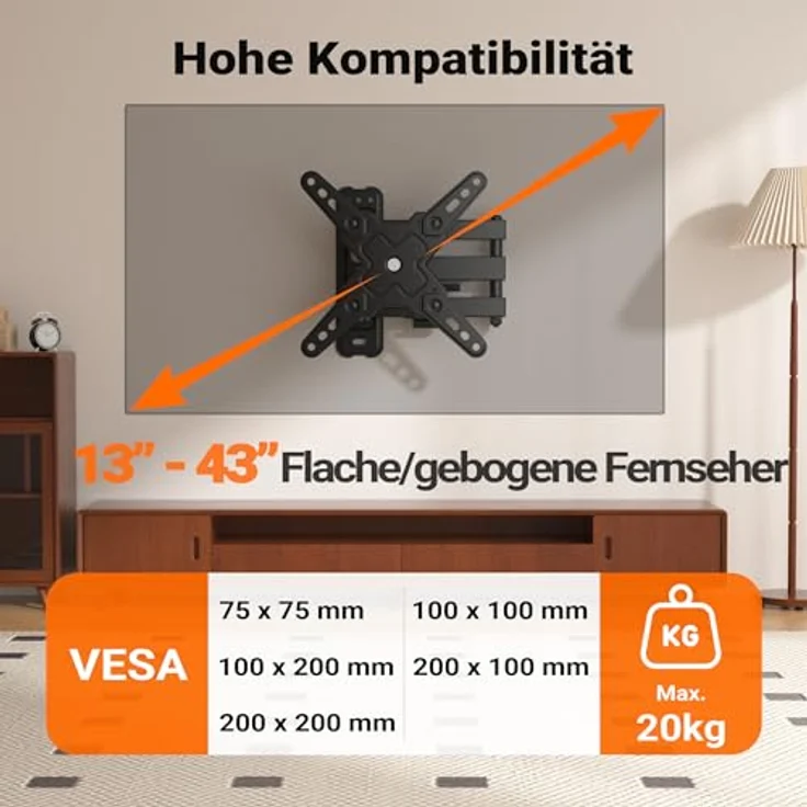 Wiltec TV Halterung für 13"–43" Fernseher, schwenkbar bis 20 kg, platzsparende Wandbefestigung mit einfacher Installation – Bild 4