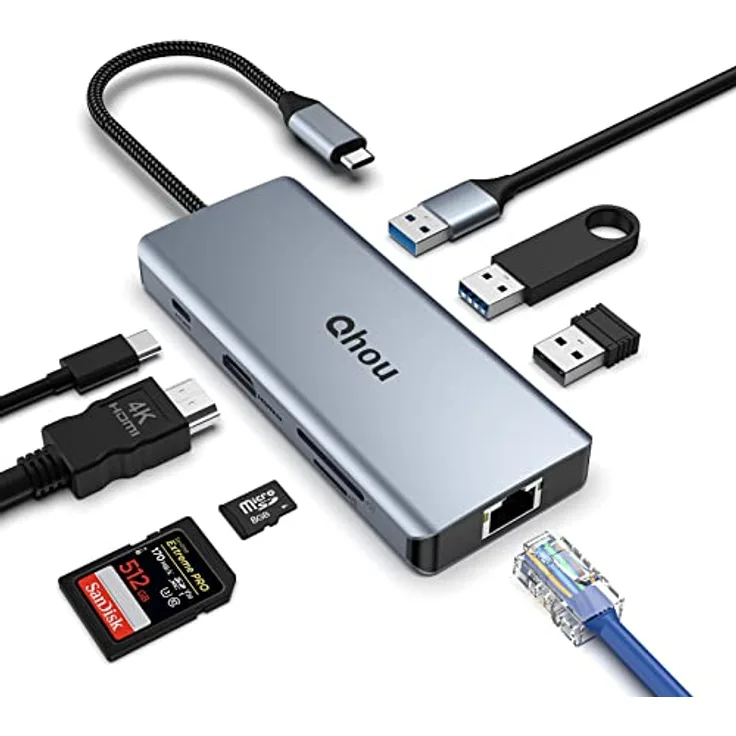 USB C Hub mit Ethernet, 8 in 1 Dual Monitor USB C Adapter mit 4K@30Hz HDMI, Ethernet, 2* USB 3.0, USB 2.0, 100W PD, SD/TF Kompatibel Laptop/PC/iPad/Surface