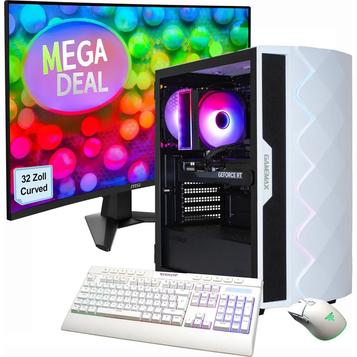 GameMax MegaDeal Diamond WT SET2642, Gaming-PC mit Intel Core i5-14400F, 32 GB RAM, 1 TB SSD, GeForce RTX 5060 Ti, Weiss
