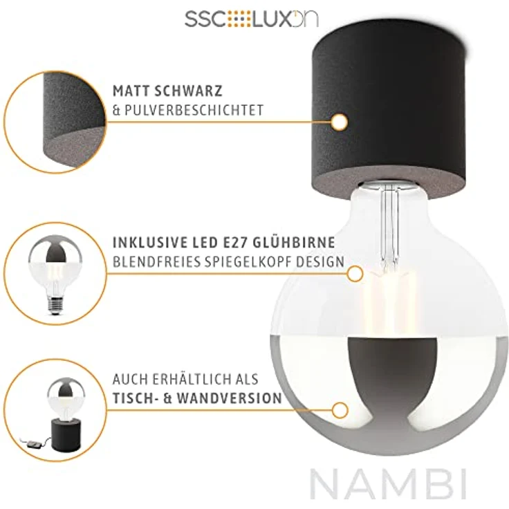 SSC-LUXon NAMBI Deckenleuchte Schwarz mit E27 LED Globe XL Birne - Warmweiß, Aufbaulampe ohne Schirm – Bild 5