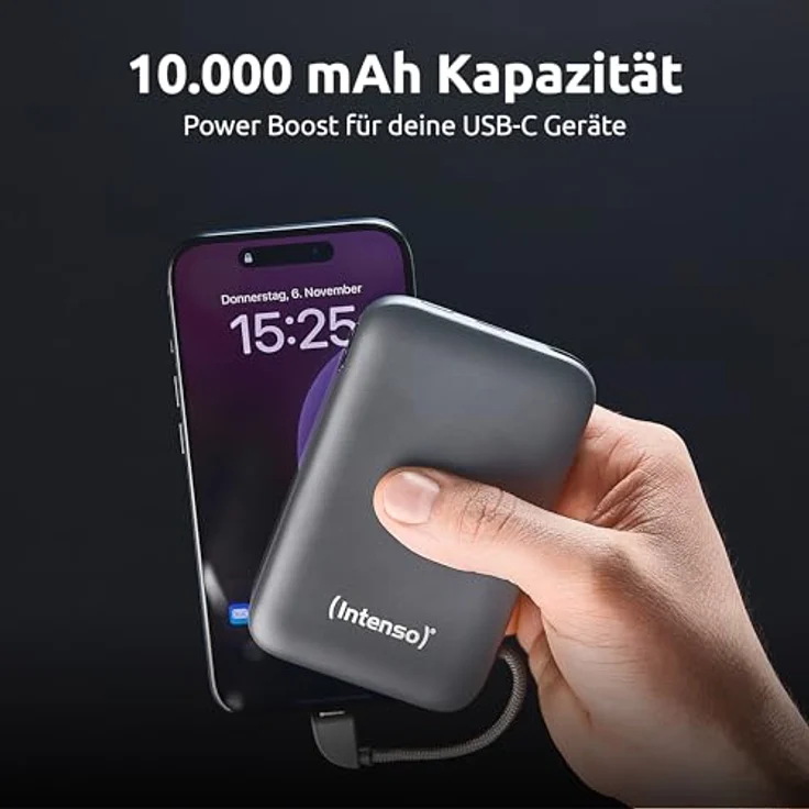 Intenso S10000 Lithium Polymer Powerbank mit 10.000 mAh, Grau, schnelle Ladeleistung bis 20 W, integriertes USB-C-Kabel, LCD-Anzeige – Bild 4