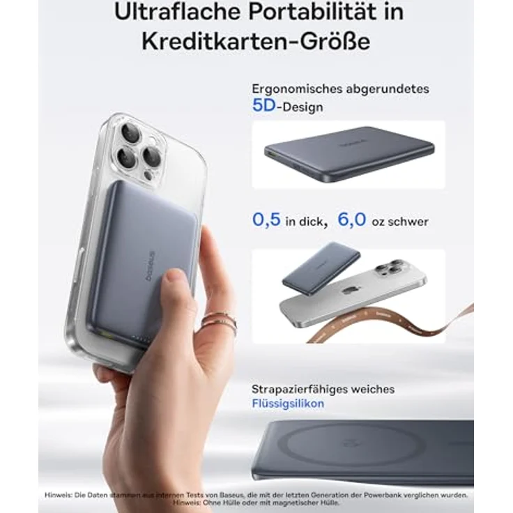 Baseus Picogo AM41 Power Bank, Ultra Slim 10000mAh Qi2 MagSafe, 15W Wireless, 27W PD Schnellladung, Mini Magnetische Externe Batterie, USB-C Kabel für iPhone 16/15/14/13/12, Space Grau – Bild 2