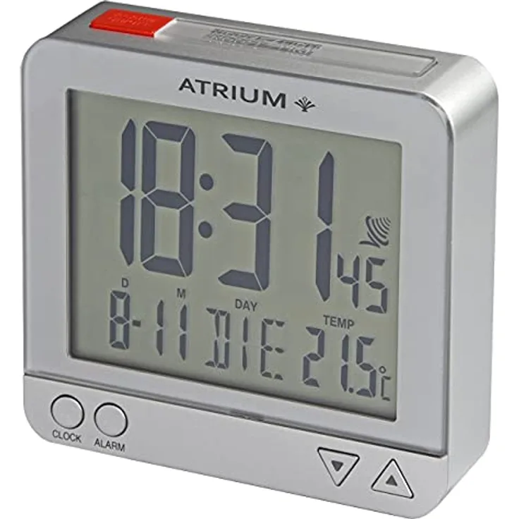 Atrium digitaler Funk-Wecker LCD sensorgesteuerte Nachtlicht-Funktion Schlummer-Funktion Obenabsteller Reise-Wecker Silber/rot A740-19