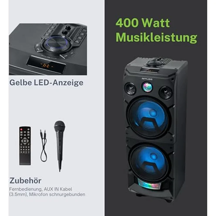 Muse M-1935 DJ PA-Anlage 400 Watt, mit Bluetooth und Licht-Effekten (USB, AUX, Mikrofon-Eingang), schwarz – Bild 4