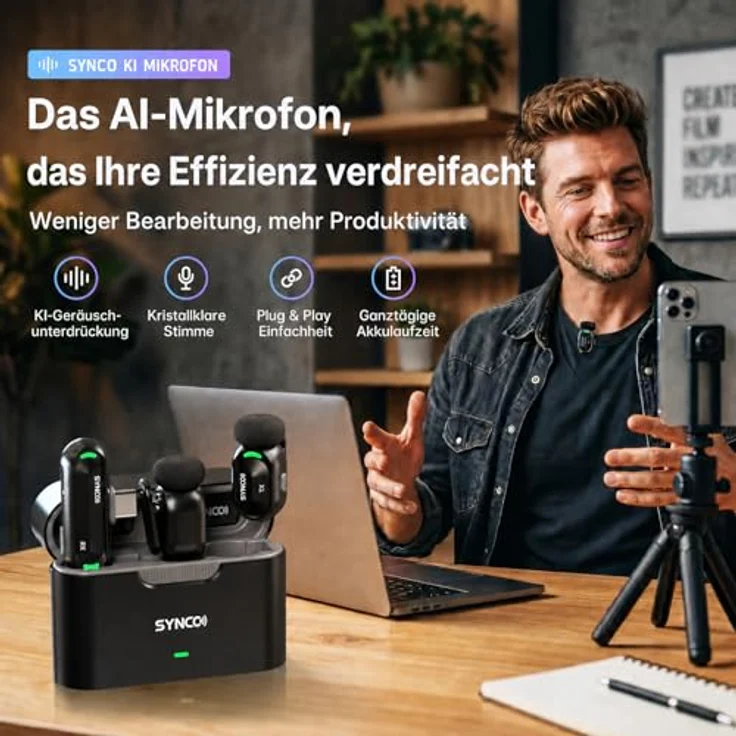 SYNCO SMICT KI Funkmikrofon für Android, Kabelloses Lavalier Mikrofon mit Echtzeit Übersetzung, AI App, Geräuschunterdrückung, USB-C, 2 Sender für Vlog und Streaming – Bild 2