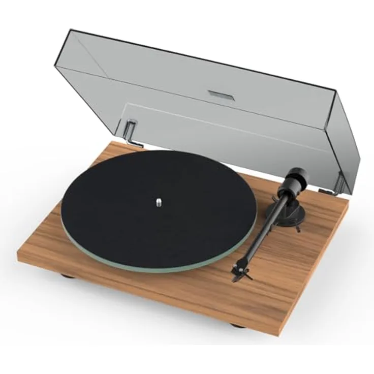 Pro-Ject T1 Evo Plattenspieler, Nussbaum satiniert, mit Ortofon OM 10 Patrone und CNC-gefrästem Sockel