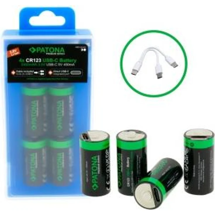 Patona 4x Premium CR123A Akkus, wiederaufladbare Lithium-Batterien 2960mWh 3.7V mit USB-C Ladekabel und LED-Anzeige