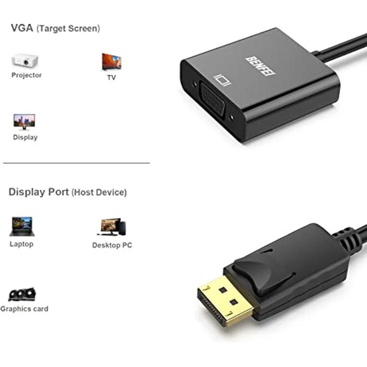 DisplayPort auf VGA, Benfei Vergoldet DP/DisplayPort zu VGA Male to Female Kabel-Adapter Konverter - Preisvergleich – Bild 3