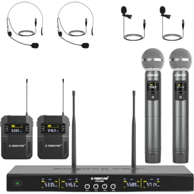 Phenyx Pro PTU-5200B, Drahtloses Mikrofonsystem mit 2 Handmikrofonen, 2 Taschensendern und MUTE-Funktion, UHF, 25 Frequenzgruppen, bis zu 200ft Reichweite