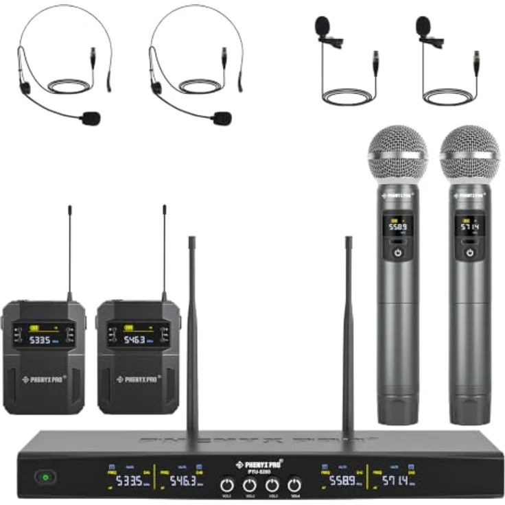 Phenyx Pro PTU-5200B, Drahtloses Mikrofonsystem mit 2 Handmikrofonen, 2 Taschensendern und MUTE-Funktion, UHF, 25 Frequenzgruppen, bis zu 200ft Reichweite – Bild 1