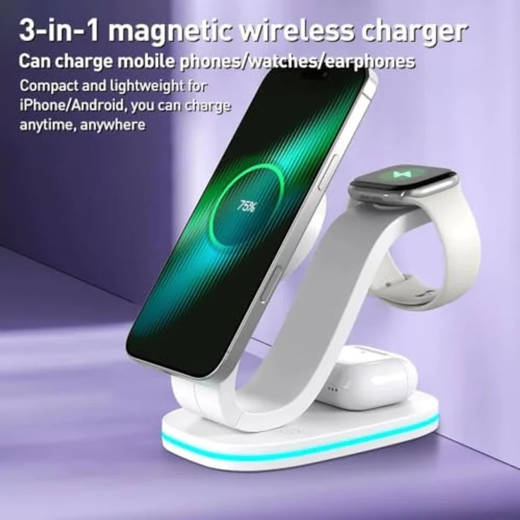 Wigento Universelle 3 in 1 Wireless Ladestation für Smartphone, Smartwatch und Kopfhörer, kompakt in Schwarz – Bild 3