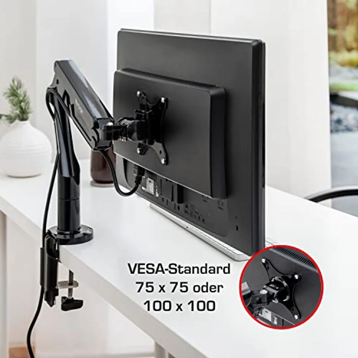 Vantage Premium Monitor Einzelarm Halterung (VESA 75 & 100, max. 3-12 kg, für 17-36 Zoll Bildschirme, mit Gasdruckfeder, drehbar, neigbar, schwenkbar) schwarz – Bild 2
