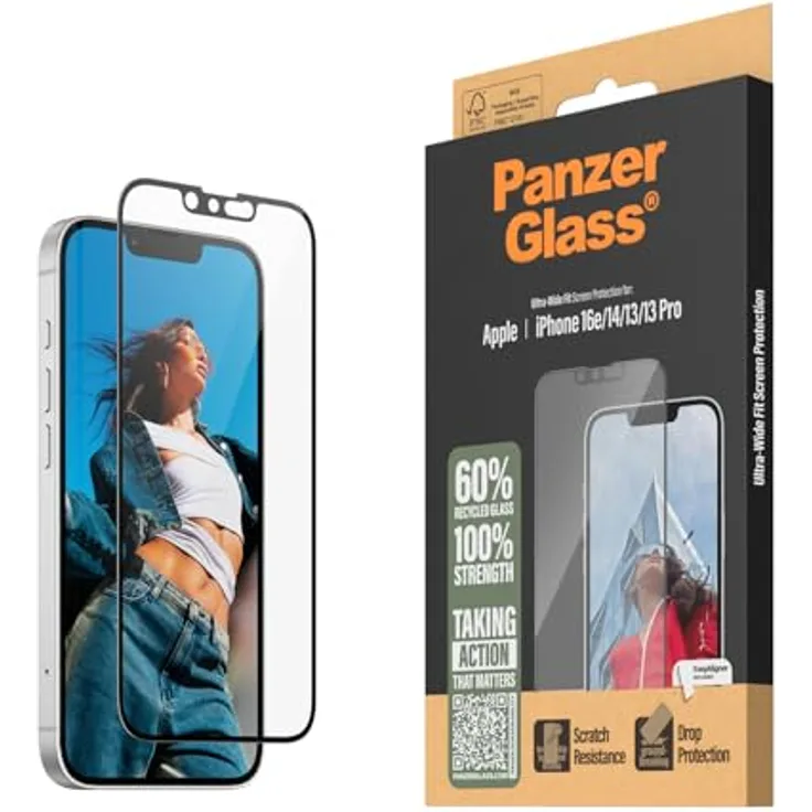 PanzerGlass Klar Glass Displayschutz für iPhone 16e (2025) | 14 | 13 | 13 Pro - 60% Recyceltes Glas, Gehärtetes Glas, Einfache Installation