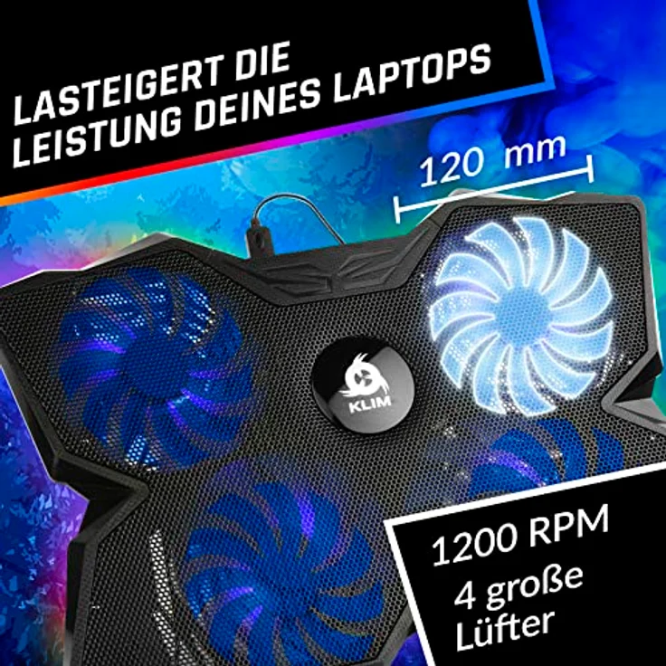 KLIM Wind Laptop Kühler, Cooling Pad mit 4 Lüftern, USB Powered, RGB, geeignet für 15-17 Zoll Laptops, leise und stabil – Bild 3