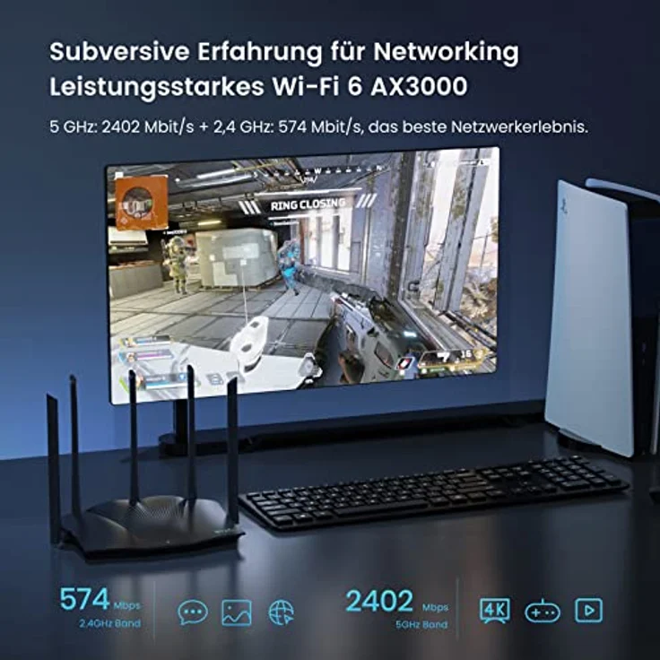 Tenda RX12 Pro Wi-Fi 6 WLAN Router(AX3000 Dualband 5GHz: 2402Mbps+2,4 GHz: 574Mbps), 5*6dBi Hochgewinnantennen, WiFi+Mesh, Gigabit-LAN/WAN-Port, WPA3, MU-MIMO+OFDMA, APP Steuerung, Schwarz – Bild 3