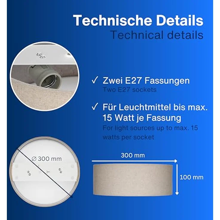 REV Deckenleuchte - Deckenlampe rund 30cm mit Stoff-Lampenschirm im Vintage-Look, taupe, ideal für Schlafzimmer & Wohnzimmer – Bild 5