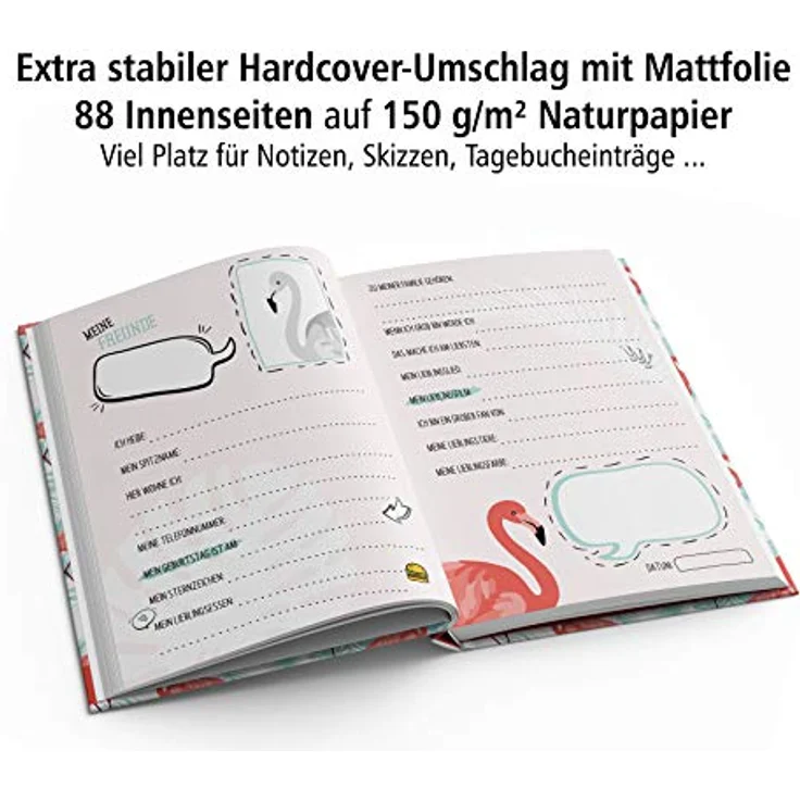 itenga Freundebuch Flamingos, DIN A5 mit 88 Seiten, Flamingo Muster in türkis-rot-rosa für Mädchen – Bild 2