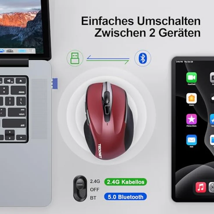 TECKNET Bluetooth Maus MT-2, 4800 DPI Kabellos Ergonomisch, Tri-Modi BT 5.0/3.0 + 2.4G, 30 Monate Batterielaufzeit, Leise Funkmaus für Laptop, PC, Windows, Mac OS, Android – Bild 2