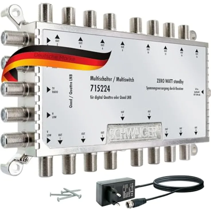 SCHWAIGER 5224 Multischalter 16-Teilnehmer SAT-Verteiler, digitaler 16-Wege-Splitter mit externem Netzteil und Montagematerial