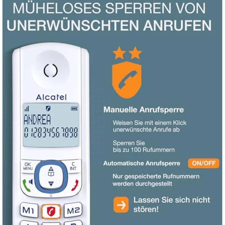ALCATEL F530 Voice, Schnurloses Festnetztelefon DECT mit Anrufbeantworter, großem beleuchtetem Display, Freisprechfunktion, Anrufblockierungsfunktion, 2 Direktwahltasten, Weiß/Blau – Bild 4