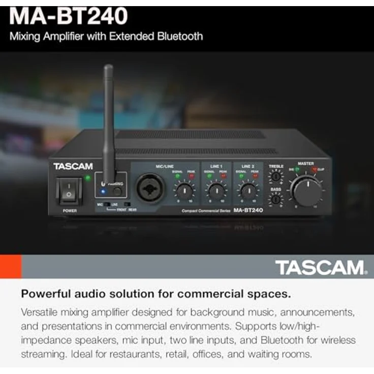 Tascam MA-BT240, 240W Mischverstärker mit Bluetooth-Streaming und integrierter Mischfunktion, kompakte Rackmontagegröße – Bild 2