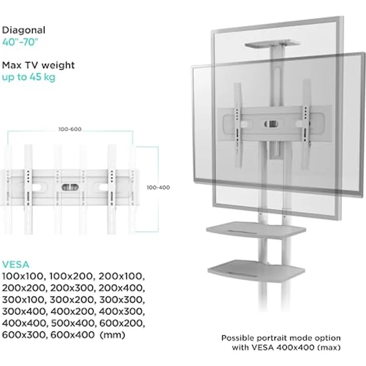 ONKRON TV Bodenständer höhenverstellbar & TV Ständer rollbar - VESA Standfuss 600x400 für 40-70 Zoll LED Flach & Curved Bildschirme bis 45,5 kg/TV Stand mit Zwei AV-Fächern TS1552 Weiß – Bild 2