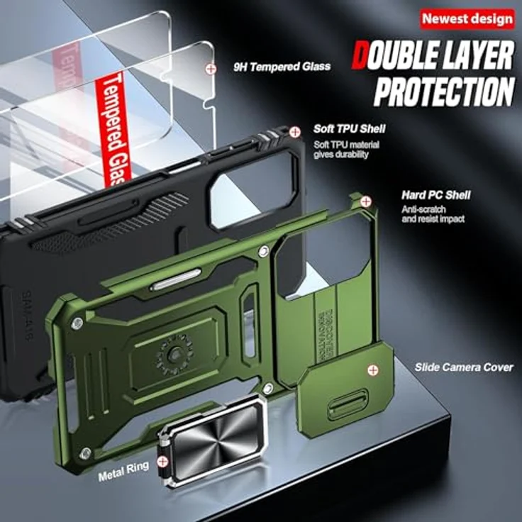 LeYi Hülle für Samsung Galaxy A16 5G, Militärstandard Schutzhülle mit 2x Glasschutzfolie, Dunkelgrün mit Kamera-Schiebeabdeckung und Handyhalterung – Bild 3