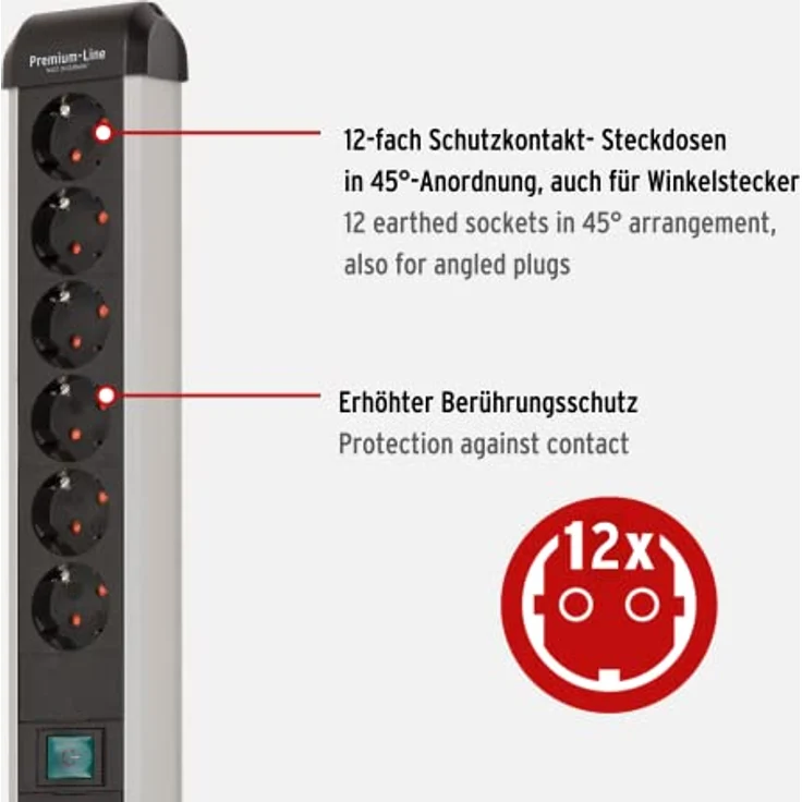 Brennenstuhl Premium-Alu-Line Steckdosenleiste 12-Fach/Steckerleiste aus hochwertigem Aluminium (Mehrfachsteckdose mit 2 Schaltern und 3m Kabel, Made in Germany) – Bild 3