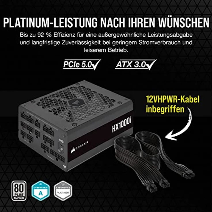 Corsair HX1000i Vollmodulares, Extrem Geräuscharmes ATX-Netzteil - ATX 3.0- Und PCIe 5.0-kompatibel - CORSAIR iCUE Software-Kompatibel - 80 Plus Platinum-Effizienz - Schwarz – Bild 3