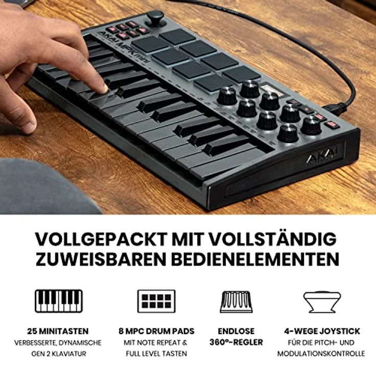 AKAI Pro Professional MPK Mini MK3 – 25-Tasten USB MIDI Keyboard Controller, 8 hintergrundbeleuchtete Drum Pads, 8 Regler und Software, Farbe Grau – Bild 3