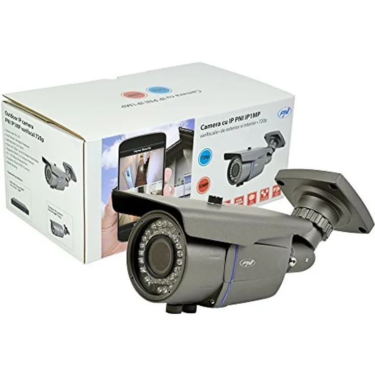 PNI IP1MP 720p Videoüberwachungskamera mit varifokalem 2,8-12 mm Objektiv, Nachtsicht bis 50 m, IP66, grau