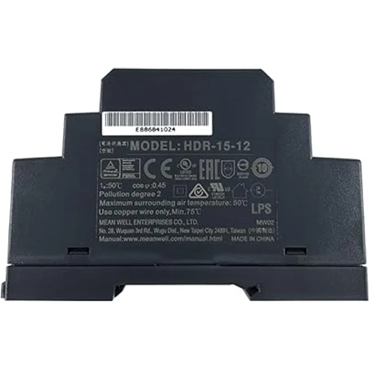 Mean Well HDR-15-24, 15,2 W Ultra Slim DIN-Schienen-Netzteil, 24 V, 0,63 A, universeller Eingang 85-264 V AC
