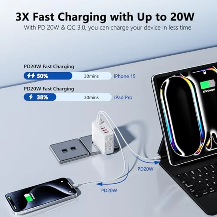 sccvee USB C Ladegerät 100W GaN 6-Port Schnellladegerät mit PD/QC-Technologie, kompatibel mit iPhone 11-16 Pro Max, Galaxy S21-S24 und Google Tablets – Bild 5
