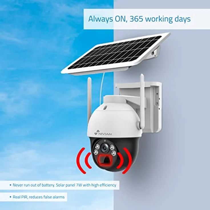 NIVIAN 4G Überwachungskamera 360 Grad mit Solarpanel 7W, 18000mAh | 2K HD, Bewegung & Menschenerkennung, Nachtsicht LEDs, wetterfest IP66, Kunststoff, Kuppel – Bild 4