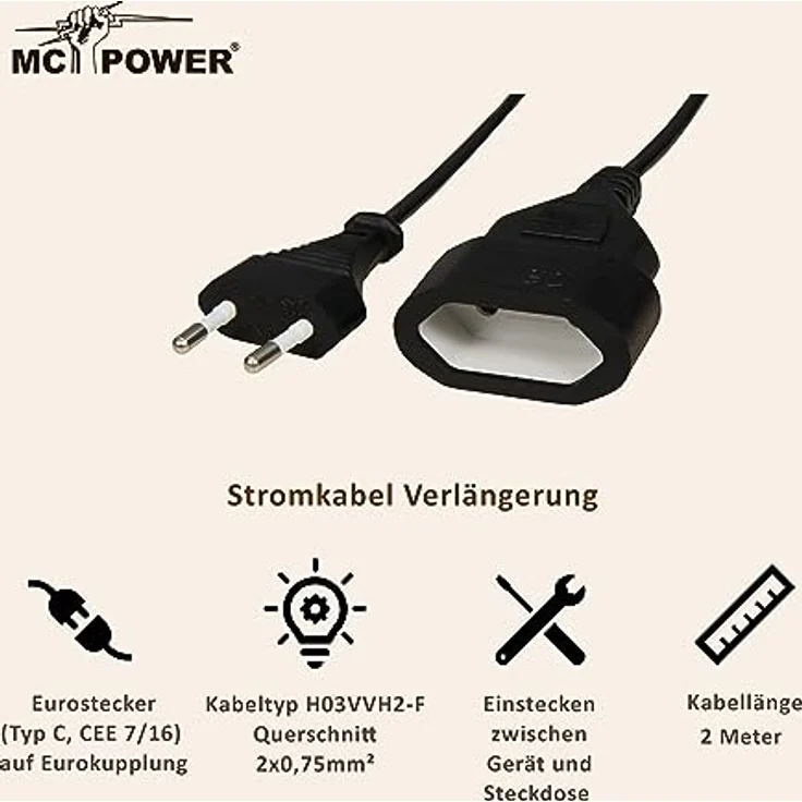 MC Power Netzkabel Verlängerungskabel 2 Meter, Eurostecker - Euro-Kupplung Typ-C, hohe Belastbarkeit bis 2,5A, schwarz – Bild 2