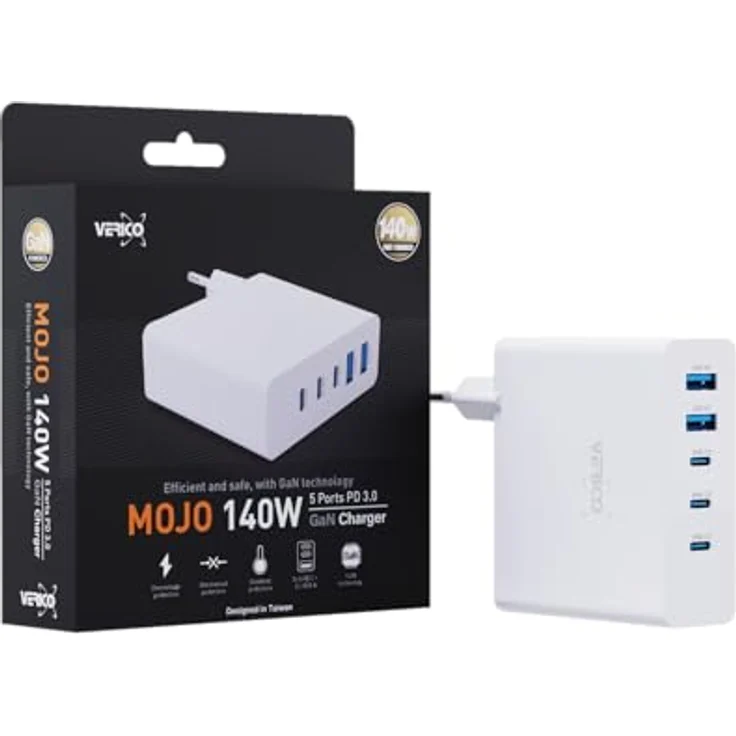 VERICO Power MOJO GaN 140W, 5 Port Ladegerät, Netzteil, PD3.0/QC3.0, 3 x USB-C, 2 x USB-A. – Bild 3