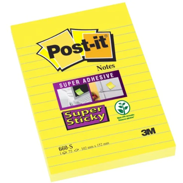 Post-it Notes Haftnotizblock Super Sticky, narzissengelb, 102x152 mm, 75 Blatt, liniert, starke Haftung auf schwierigen Oberflächen