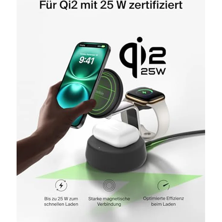 Belkin UltraCharge Pro Qi2 Induktive Ladestation, 25W, 3 in 1 Ladegerät für iPhone 16, Apple Watch, AirPods, mit ChillBoost Kühltechnik und 45-W-Adapter – Schwarz – Bild 5