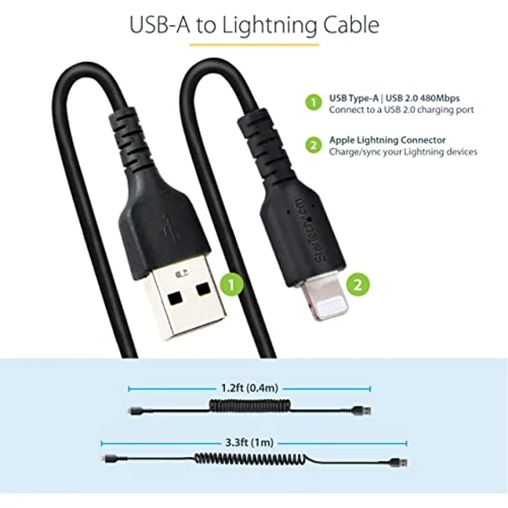 StarTech.com 1m USB auf Lightning Kabel, Spiralkabel, MFi zertifiziert, Schnellladekabel für iPhone/iPad, Schwarz, robuster TPE Mantel mit Aramidfaser, USB 2.0 Kabel (RUSB2ALT1MBC) – Bild 3