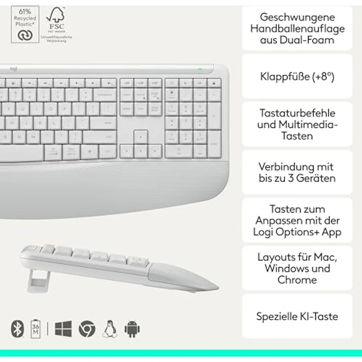 LOGITECH Signature Comfort Plus MK880, kabelloses Maus- und Tastaturset mit ergonomischer Handballenauflage, Off White – Bild 2