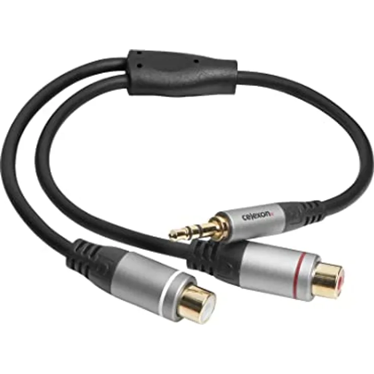 celexon 3,5mm Stereo Klinke auf 2x Cinch M/F Audioadapter, 0,25m, schwarz, 3-fach geschirmt, vergoldete Kontakte, Professional Line