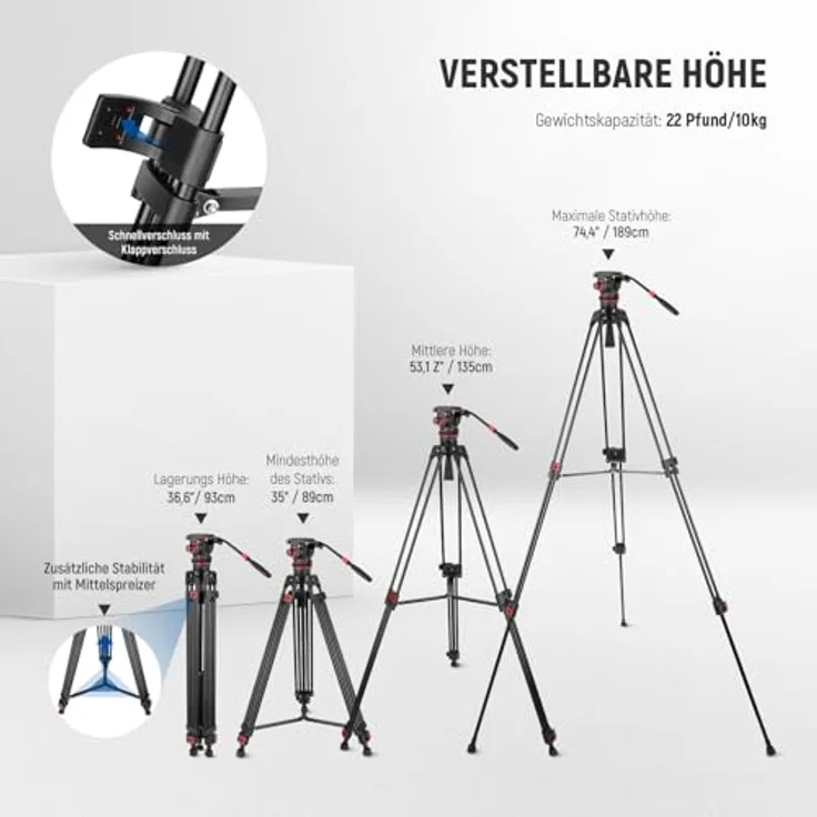 Neewer TP75 189cm Videostativ mit Fluidkopf, 360° Schwenkung, 89-189cm höhenverstellbar, Aluminiumlegierung, max. Tragfähigkeit 8kg – Bild 7