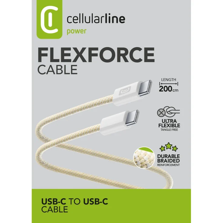Cellularline Flexforce Data Cable, USB Typ-C auf Typ-C, 2 m, gelb, Schnellladung, silikonschichtet