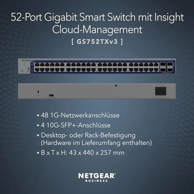 Netgear ProSAFE 48 Port Gigabit Smart Switch, non-PoE, SFP+ Ports, Schwarz – Bild 2