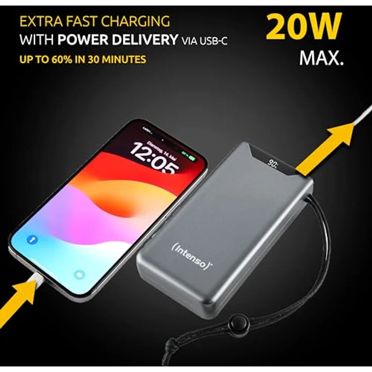 Intenso Powerbank F20000, externer Akku mit PD (20W) & QC (18W), USB-C und USB-A Anschluss, 20000mAh, Grau – Bild 2
