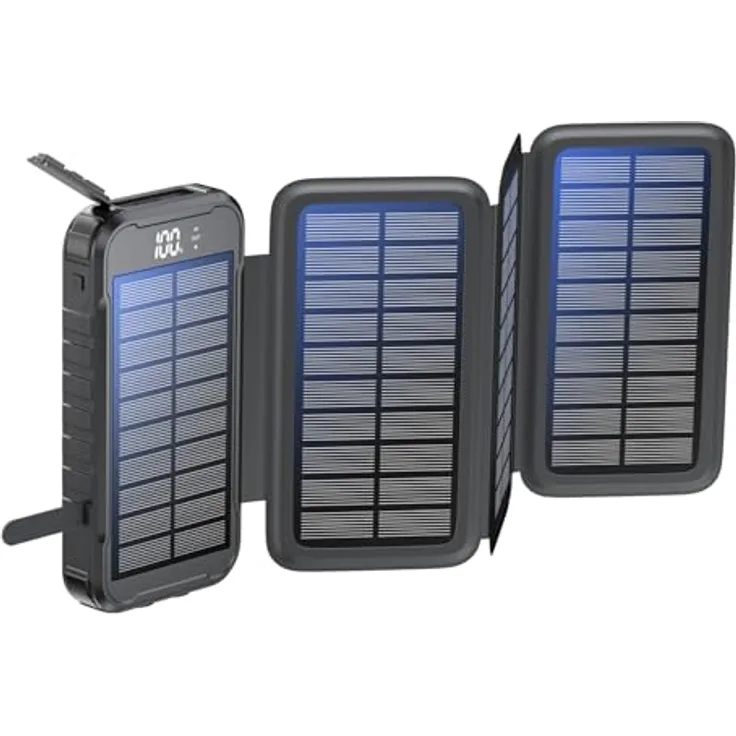 Boompods Neutron 16000mAh Faltbare Solar Powerbank - Tragbares Ladegerät mit Schnellladefunktion, Power Bank mit Solarpanel, 2x USB für Handy und Tablet, Camping-Taschenlampe, Schwarz