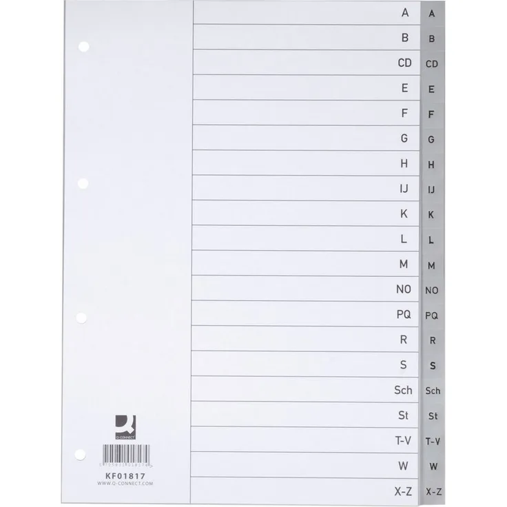 Q-Connect Aktenordner KF01817, A4 Register A - Z mit Index, 20 Blatt, aus grauem Polypropylen (PP)