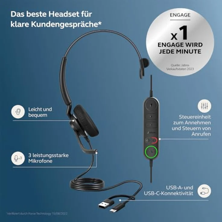 Jabra Engage 50II Mono 5093-299-2269, Kabelgebundenes On-Ear Headset mit 3-Mikrofon-System, verbesserter Geräuschunterdrückung und integrierter Steuereinheit – Bild 2