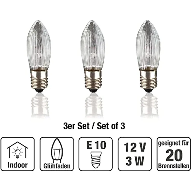 hellum 912135 Ersatz-Riffelkerze für Lichterketten mit 20 Brennstellen/Innen- und Außenbeleuchtung/warmweiß/klar / E10 Sockel / 12 V / 2,5 W / 3 Stück – Bild 2